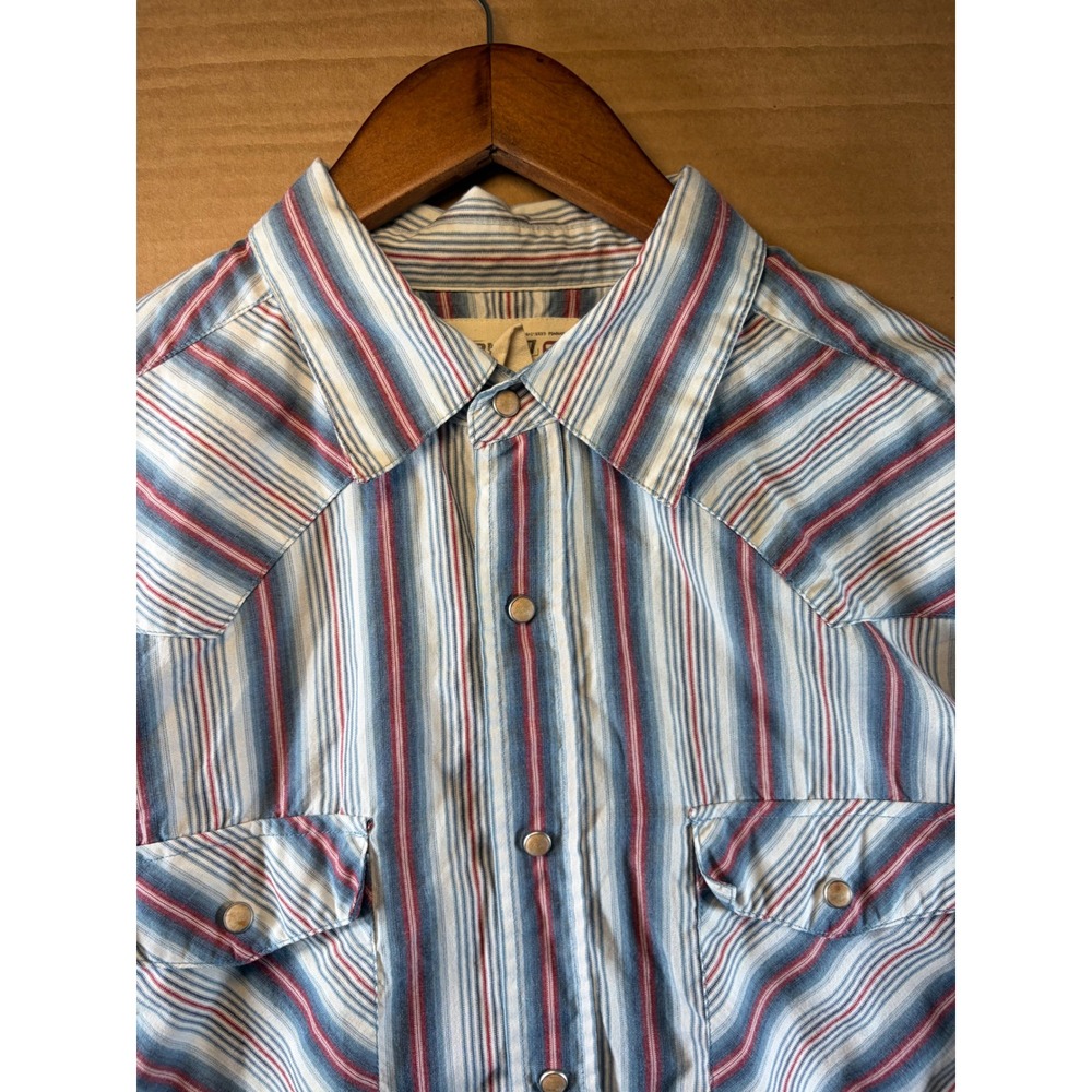 BKE67 Western Snap Shirt Mens M Blue Red Stripe Cotton Pearl Snap Made Korea